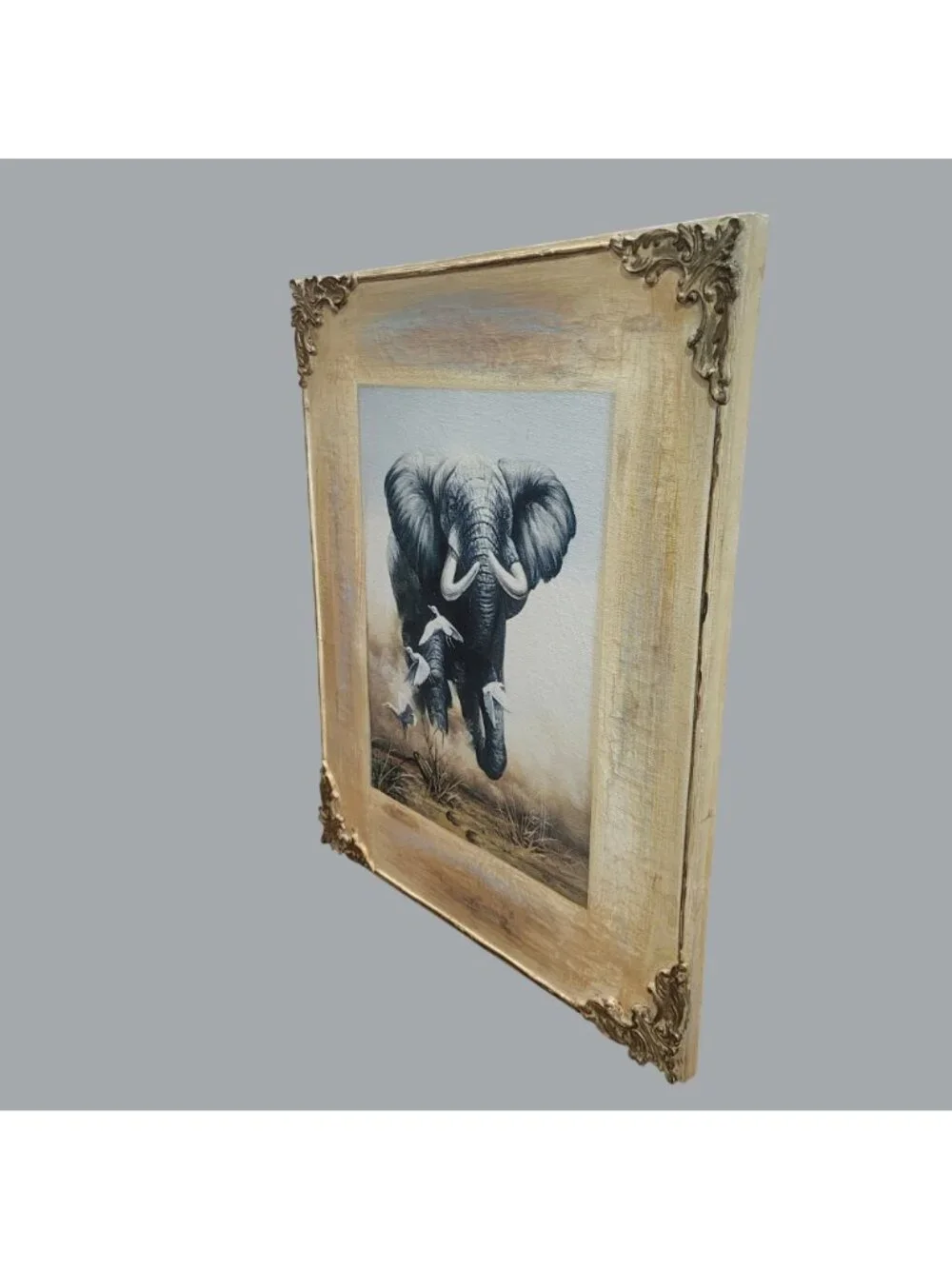 Elephant Egret Stretched Canvas Wall Art Print Wooden Frame